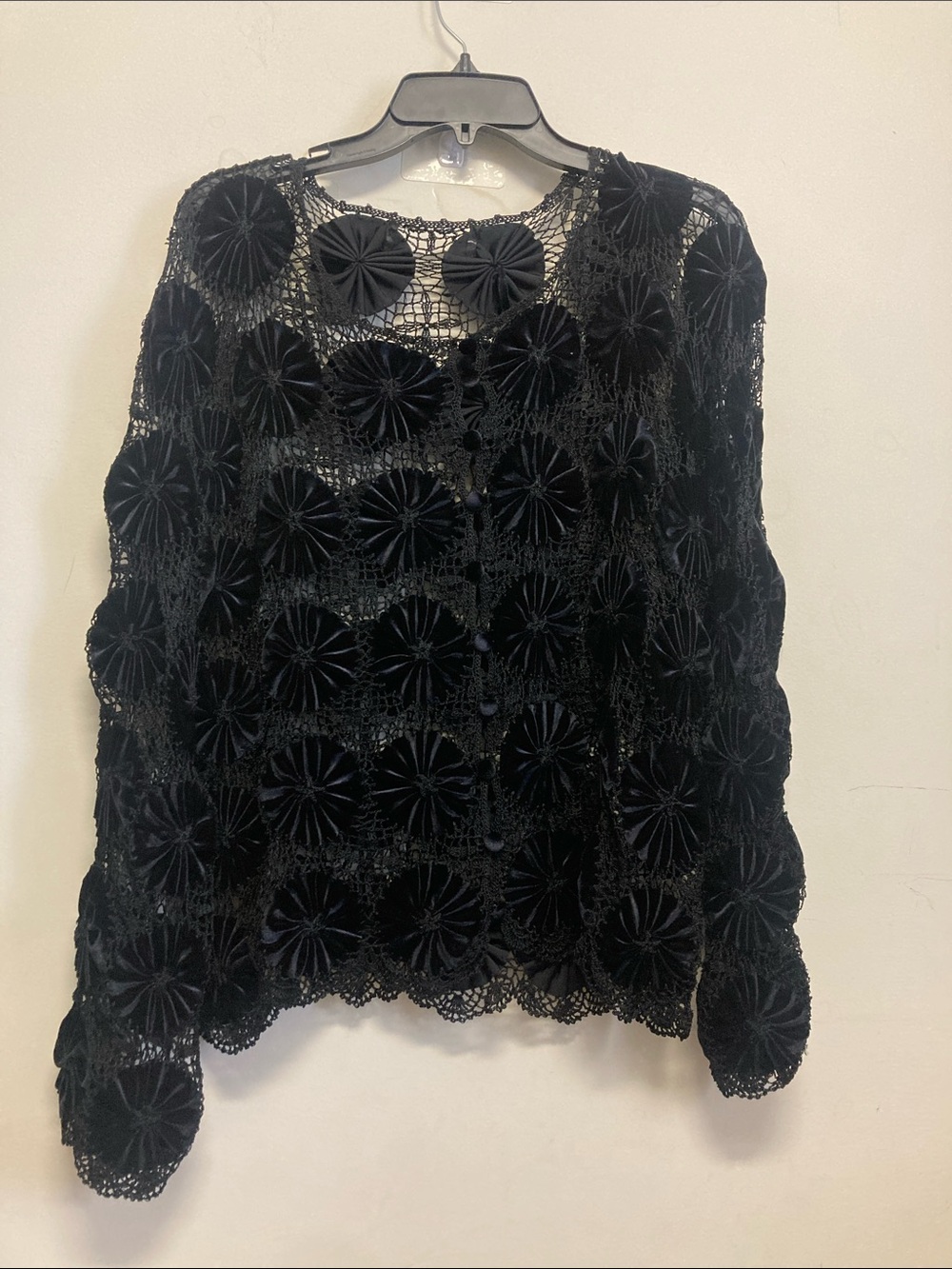 Women's Black Crochet Button-Front Floral Motif Shirt